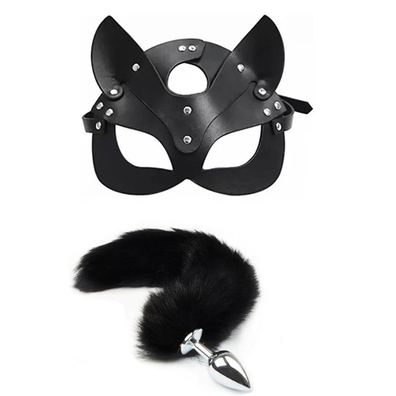 Sex Toys for Woman Cosplay Fox Mask Tail Anal Plug Metal Anus Butt Plug Mask Half Cat Mask Party Sexy Adult Mask Game